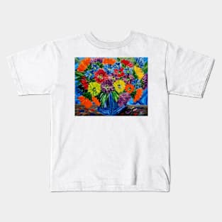 A beautiful bouquet of abstract flowers in a stunning vase on a table Kids T-Shirt